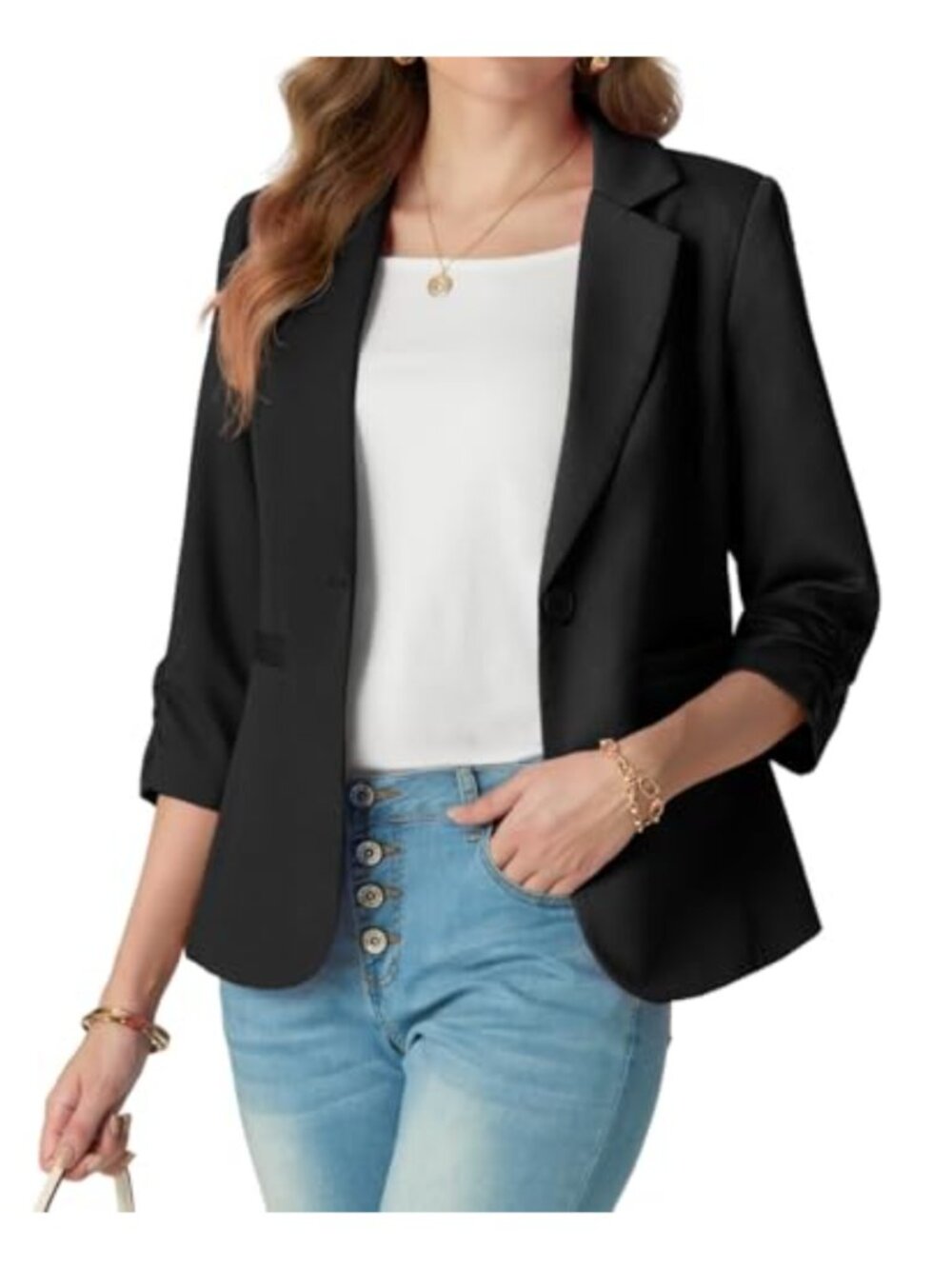 Slim Fit 3/4 Sleeve Notch Collar Ruched Sleeve Blazer with Pockets Polyester